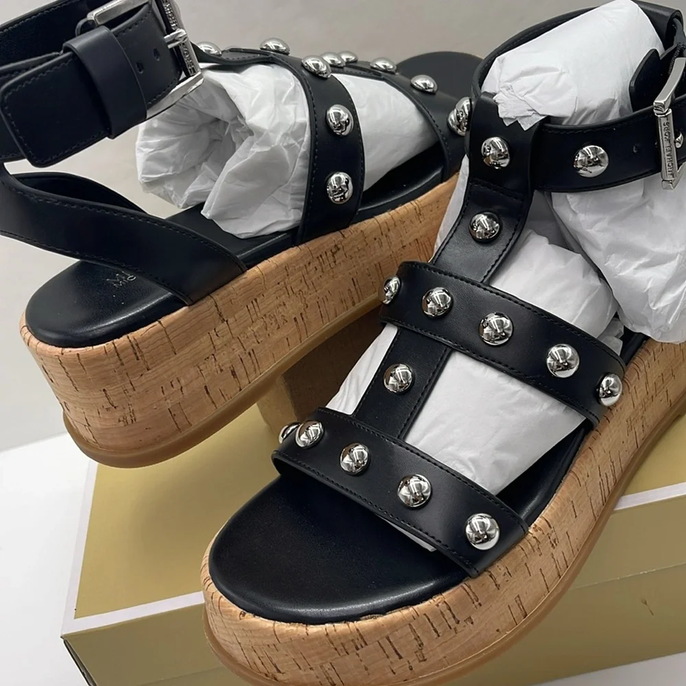 MICHAEL KORS Selah Studded Platform Gladiator Silver Studded Sandal Black New